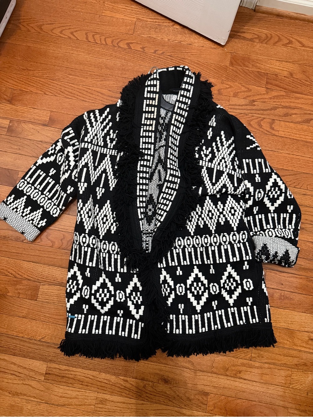 Authentic Alanui Black & White Fringe Open Front Women's Cardigan Sweater L